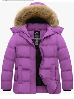 Warm Purple Puffer Coat with Faux-Fur Trim Hood